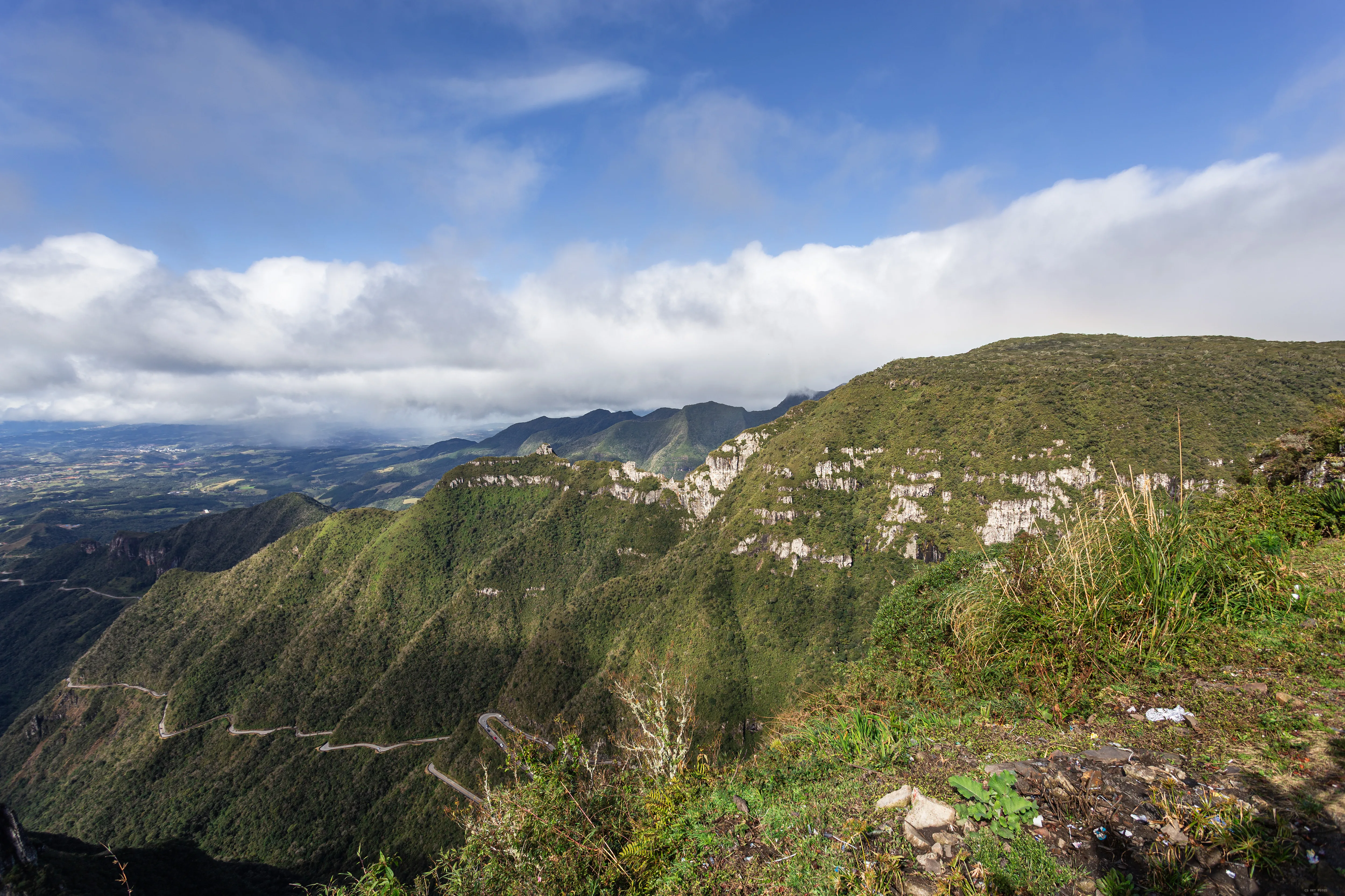 Serra verde sob névoa