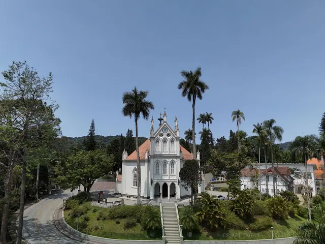 Igreja branca entre palmeiras